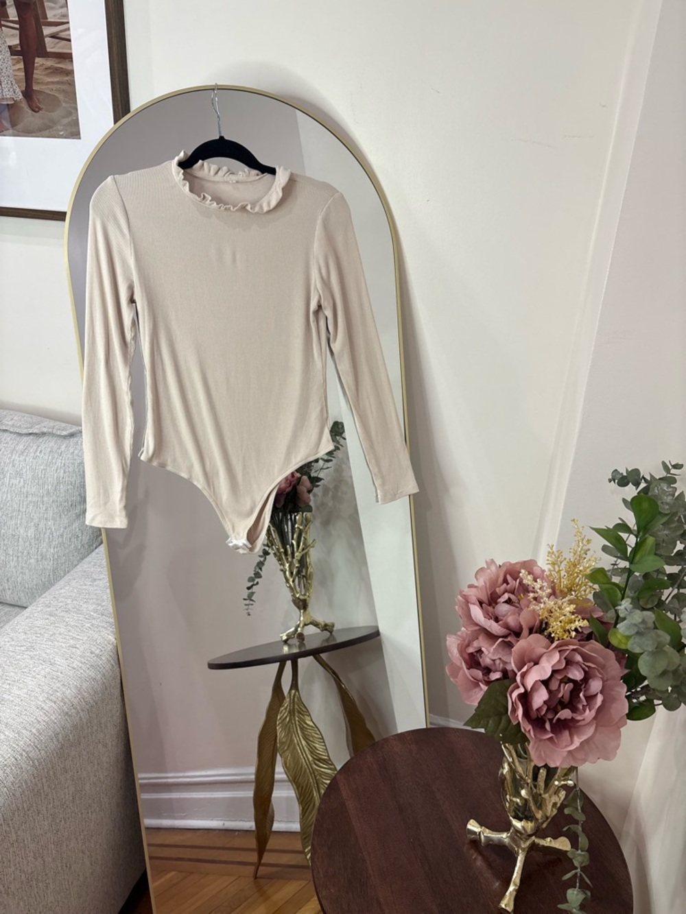 Ruffled Mock Neck Long Sleeve Bodysuit - Cream